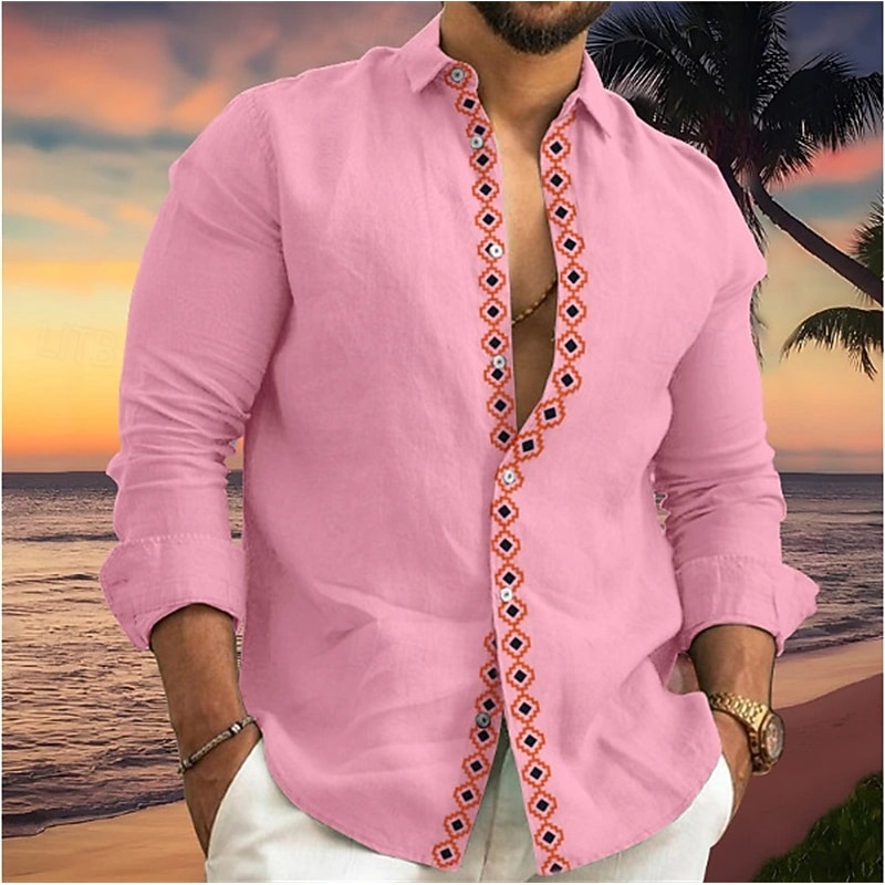 Men's Shirt Summer Shirt Casual Shirt Beach Shirt Button Up Shirt White Pink Blue Gray Long Sleeve Graphic Lapel Vacation Hawaiian Button-Down Clothing Apparel Polyester Fashion Casual Comfortable3