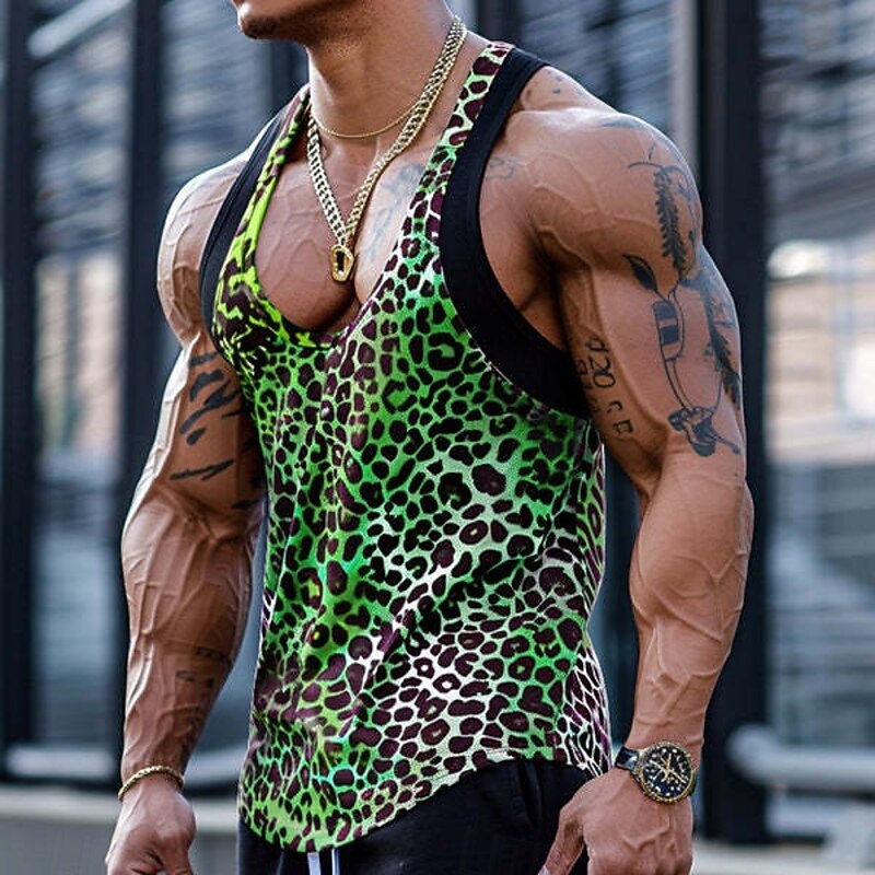Men's Tank Top Vest Undershirt Sleeveless Shirt Sleeveless U Neck Summer Leopard Fashion Classic Comfortable Crewneck Street Casual Sports Red Green Dark Gray Top Tee for Men2