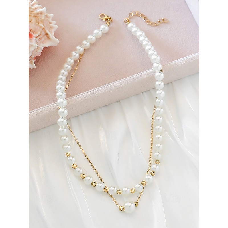 Elegant Layered Pearl Necklace for Women – Gold Chain with White Simulated Pearls, Classic Vintage Jewelry for Weddings, Parties and Formal Events4