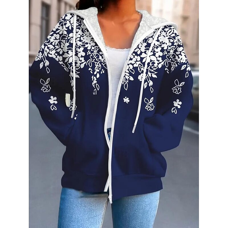 Women's Hooded Sweatshirt Jacket Long Sleeve Zip Up Hoodie With Pocket Lightweight Casual Micro-elastic Oversized Floral Vintage Sports Streetwear Drawstring Front Pocket Blue Green Violet Fall4