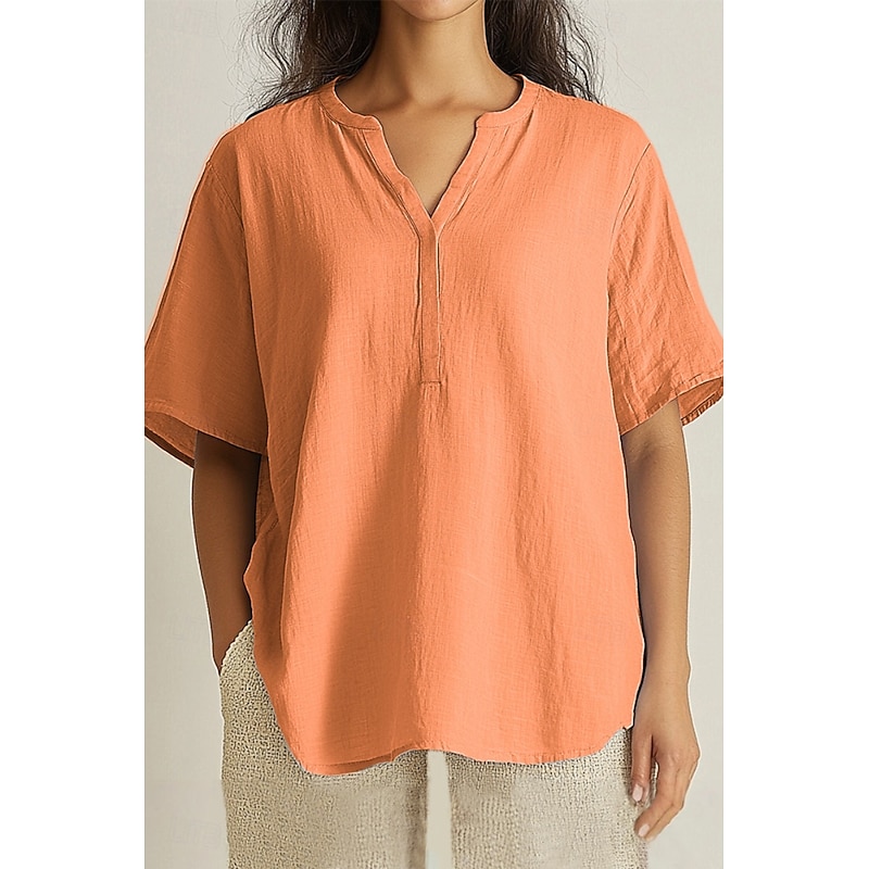 Women's Shirt Linen-Inspired Shirts Blouse Plain Basic Casual Short Sleeve V Neck Regular Tops Daily Holiday Orange Green Light Blue Summer4