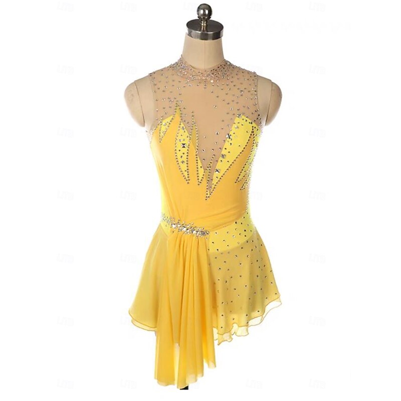Figure Skating Dress Women's Girls' Ice Skating Dress Yellow Patchwork Open Back Mesh Spandex Stretchy Training Practice Professional Skating Wear Thermal Warm Crystal / Rhinestone Sleeveless Ice