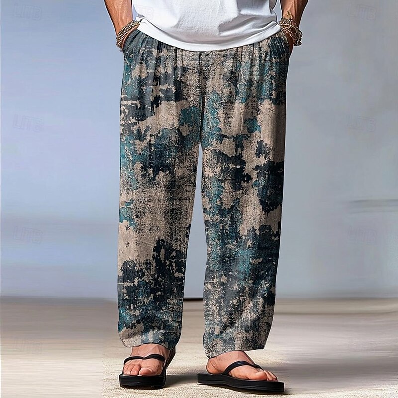 Men's Retro Distressed Print Trousers Baggy Pants Casual Pants Mid Waist Vintage Outdoor Vacation Holiday Drawstring Elastic Waist Wide Leg Summer Spring 3D Print Blue Green Gray
