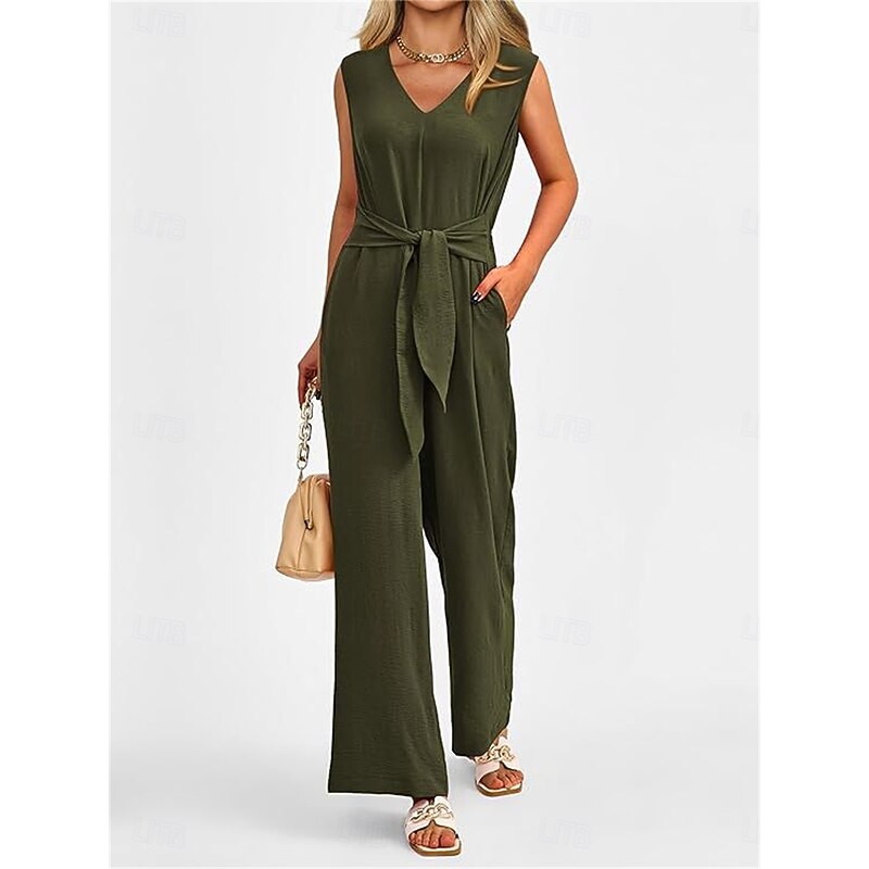Women's Jumpsuit Active Solid Color Sleeveless V Neck High Waist Vacation Daily Linen Like Regular Fit Black Wine Army Green Summer