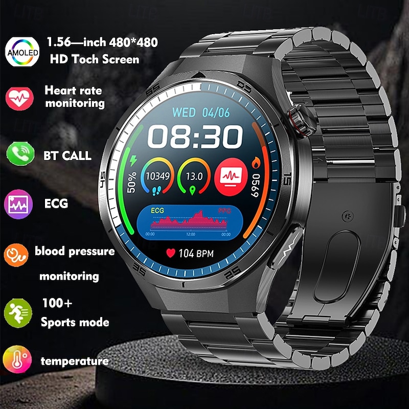 iMosi ET456 Smart Watch 1.56 inch Smartwatch Fitness Running Watch Bluetooth ECG+PPG Temperature Monitoring Pedometer Compatible with Android iOS Women Men Hands-Free Calls Waterproof Media Control