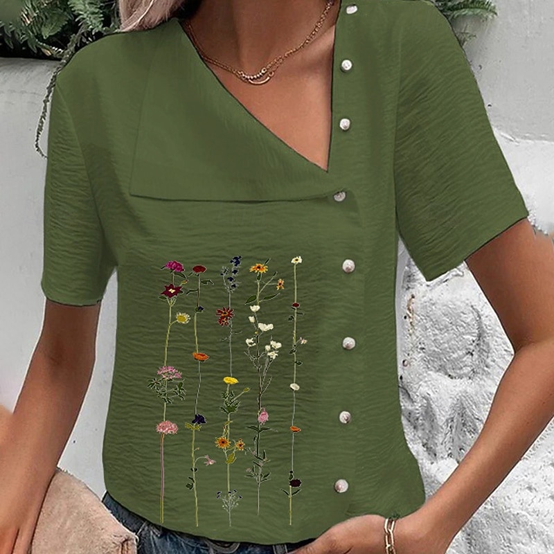 Women's Cotton Linen Shirts Button Up Blouse Flower Basic Casual Short Sleeve V Neck Regular Tops Daily Going out Buttons Print Black White Blue Green Summer2