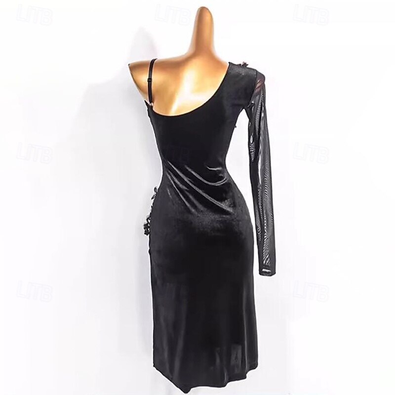 Latin Dance Dress Embroidery Splicing Women's Performance Training Long Sleeve Mesh Velvet3