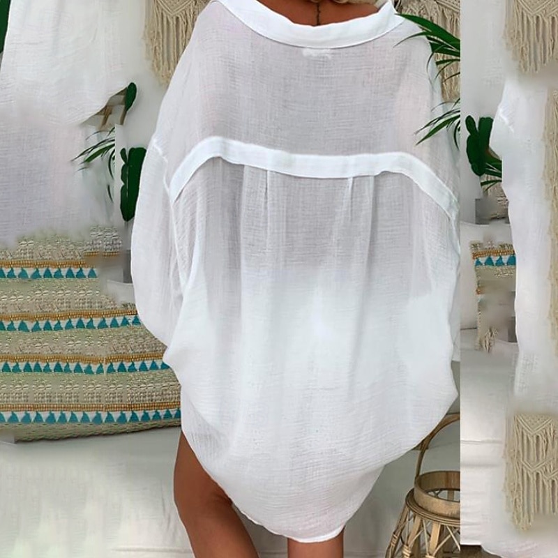 Women's Shirt Cotton Linen Shirts Button Up Blouse Plain Basic Modern Casual Long Sleeve Shirt Collar Long Tops Daily Holiday Going out Buttons Black White Blue Purple Gray Summer3