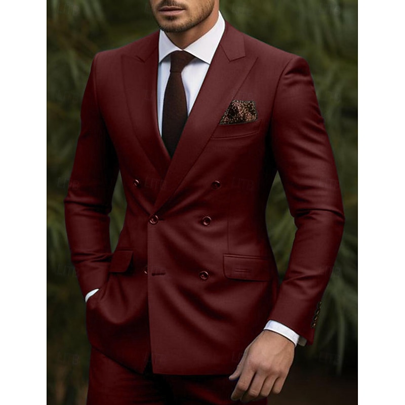 Men's Wedding Suits Peak Burgundy Dark Green Business WorkWear Solid Colored Tailored Fit 2 Piece Double Breasted Six-buttons3
