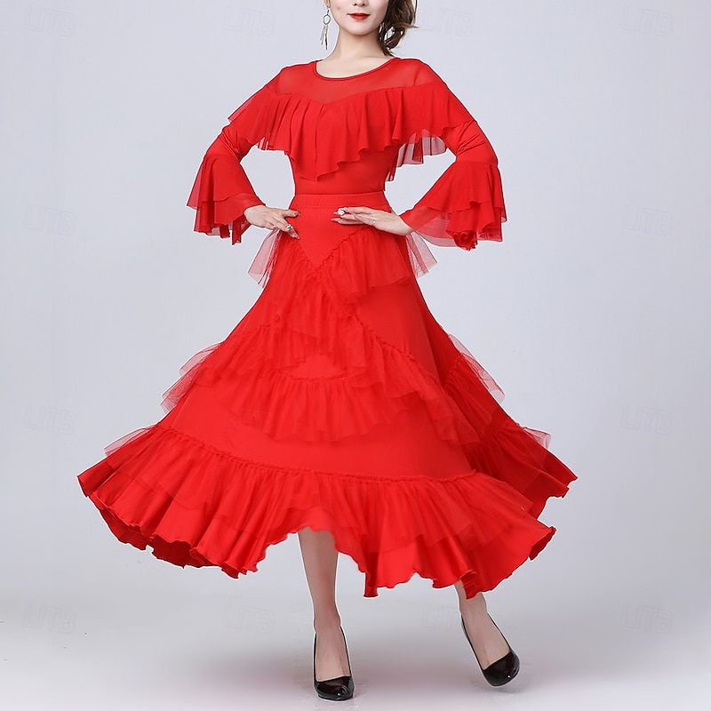 Latin Dance Skirts Pure Color Splicing Tulle Women's Performance Training Long Sleeve High Polyester