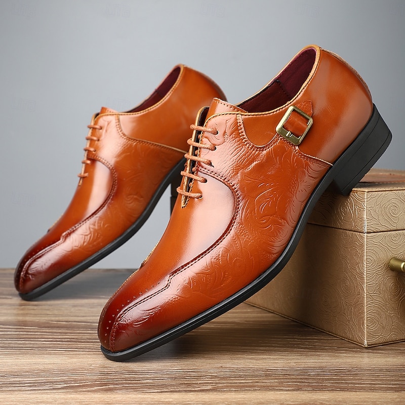 Luxury Men's Polished Tan Faux Leather Oxfords with Embossed Floral Pattern - Perfect for Formal Occasions and Business Meetings3