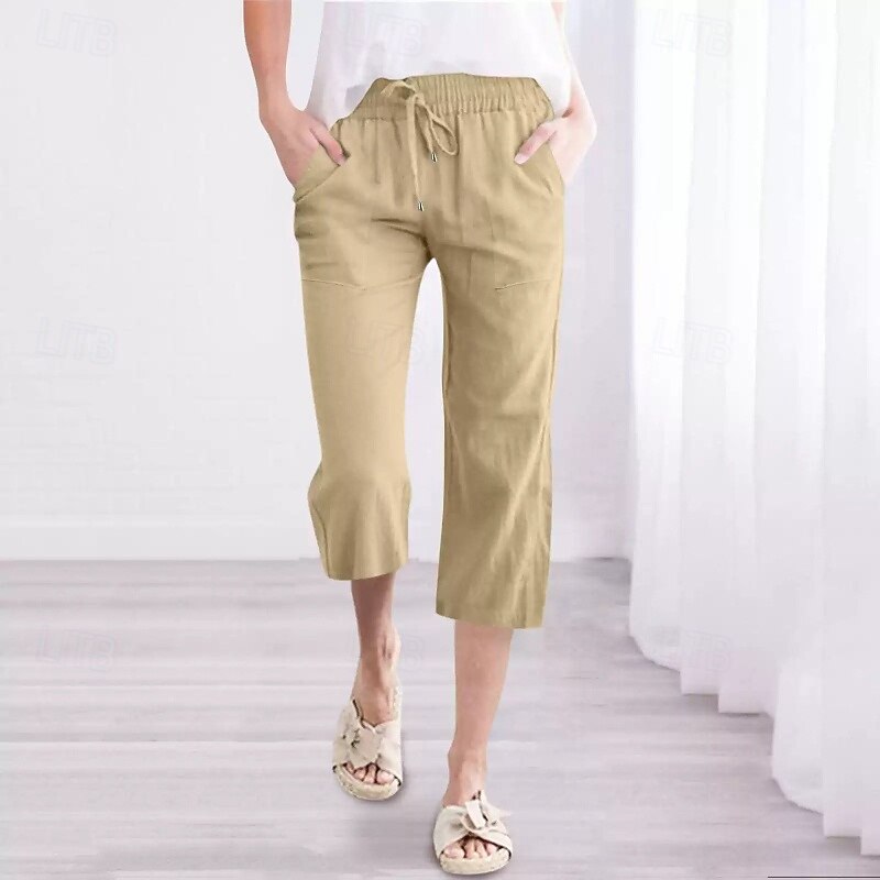 Women's Capri Pants Slacks Streetwear Casual Calf-Length Natural Plain Pocket Elastic Drawstring Design Outdoor Comfortable Street Going out Grey Navy Black White Summer Regular Fit3