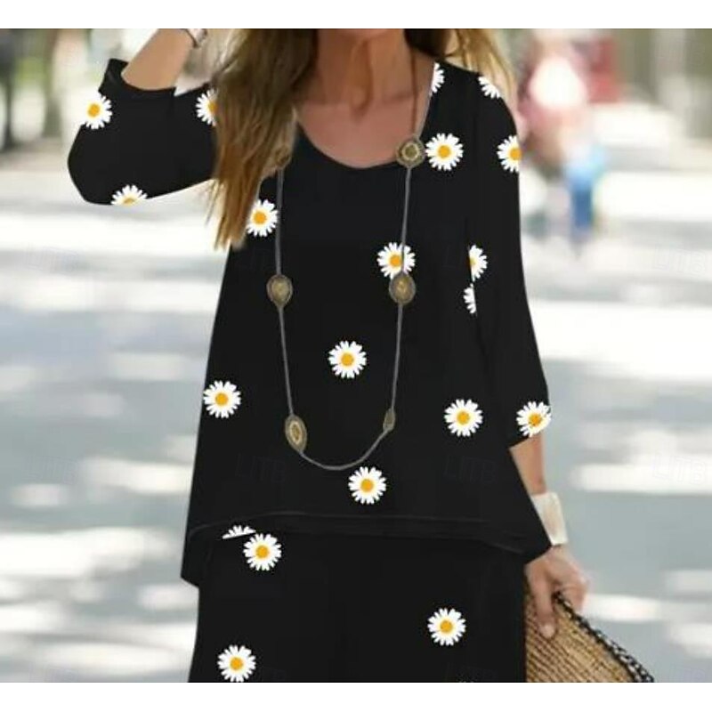 Women's 2 Pieces Basic Neon & Bright Shirt Blouse 3/4 Length Sleeve V Neck Floral Print Casual Linen Like Black Summer Regular Fit2