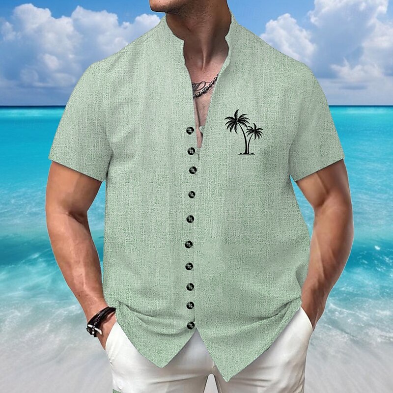 Men's Coconut Tree Tropical Summer Hawaiian Shirt Stand Collar Shirt Short Sleeves Hawaiian Vacation Beach Wear Grandad Collar Mandarin Collar Button Up 3D Print Linen Like Shirt White Pink Blue Green4