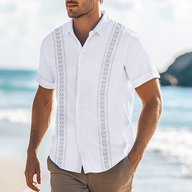 Men's Geometric Shirt Guayabera Shirt Button Up Shirt Short Sleeve Fashion Casual Vacation Dailywear Beach Wear Summer Spring Turndown Collared Shirts White Blue Green Khaki