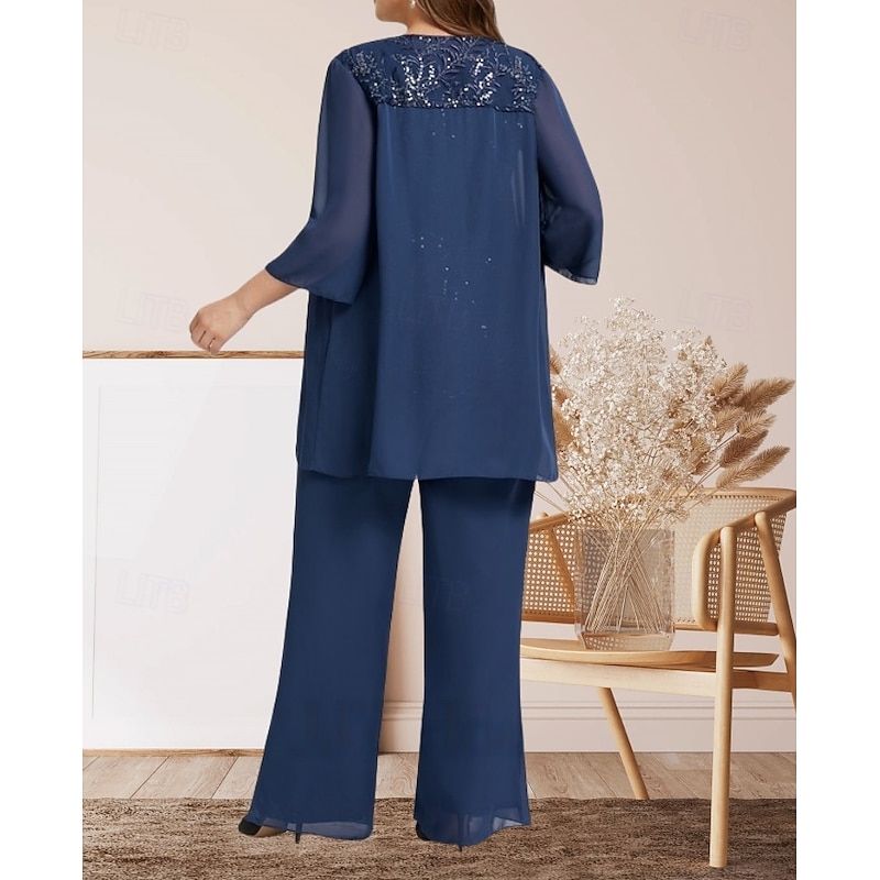 Pantsuit 3 Piece Mother of the Bride Dress Wedding Guest Elegant Crew Neck Floor Length Chiffon Lace 3/4 Length Sleeve with Lace2