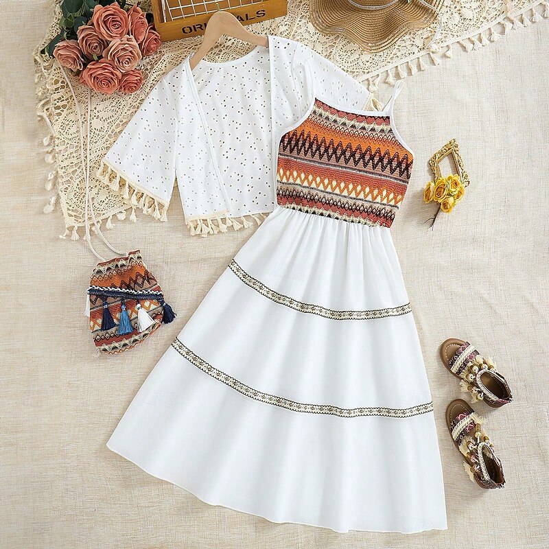 2 Pieces Kids Girls' Color Block Dress Suits Set Sleeveless Fashion School 7-13 Years Summer White3