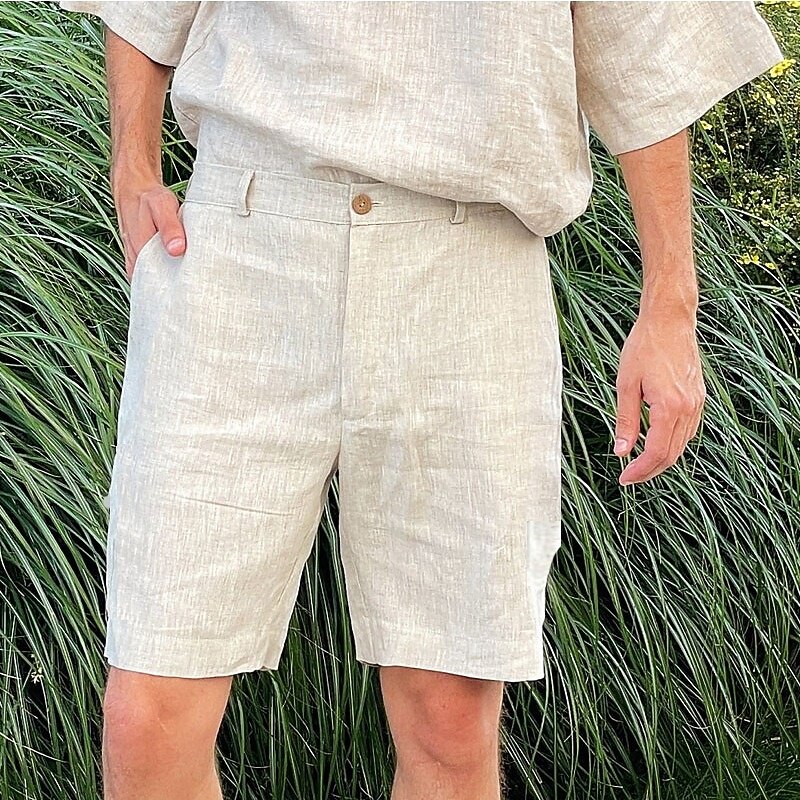 Men's Shorts Linen Shorts Dress Shorts Summer Shorts Beach Shorts Zipper Buttons Pocket Plain Comfort Breathable Knee Length Outdoor Business Daily Fashion Stylish Sky Blue Green Inelastic