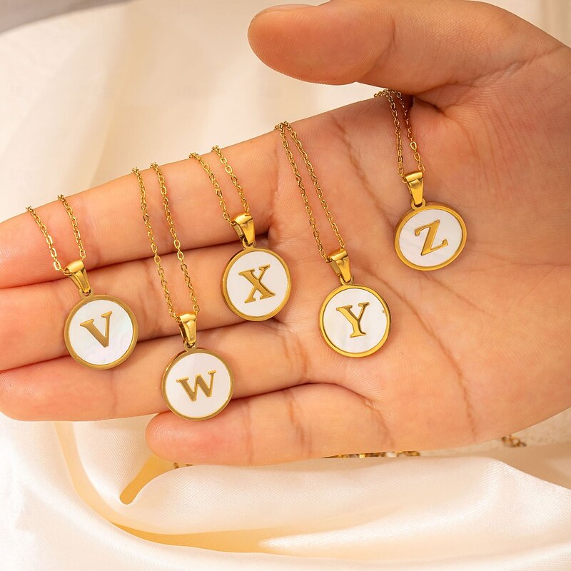 Personalized Letter Necklace, Gift for Mom, 18K Gold Plated Stainless Steel Pendant, Round Shell Design, A-Z Alphabet Necklace, Durable Titanium Steel Jewelry for Women
