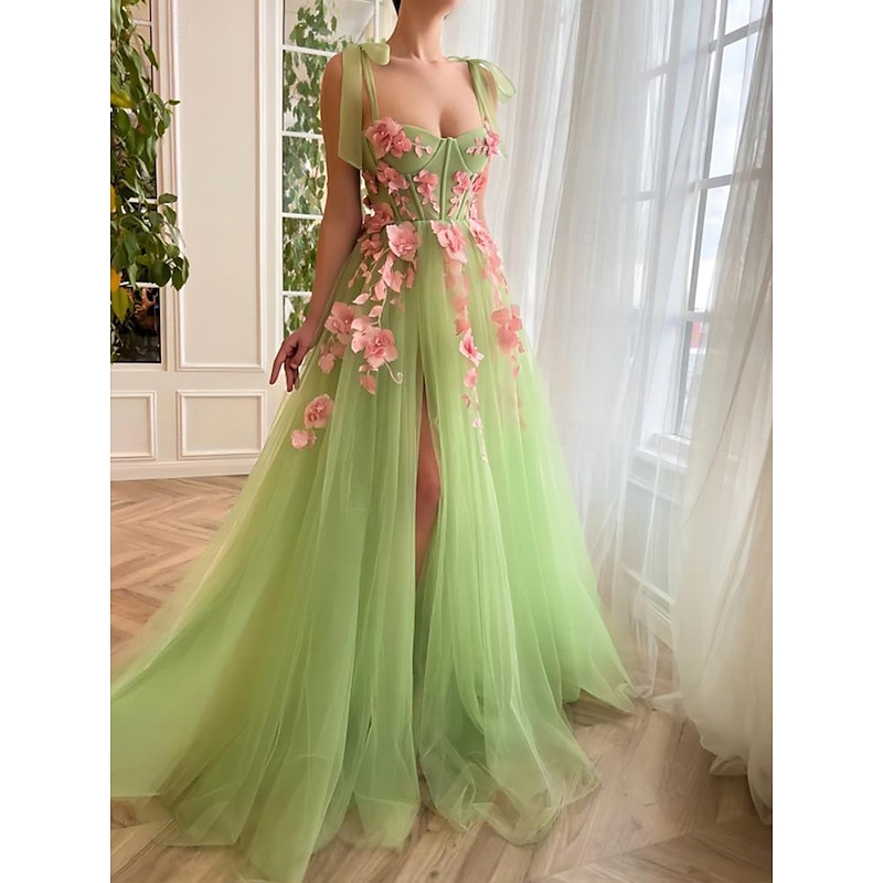 A-Line Prom Dresses Floral Embroidery Lace Corset Dress Semi Formal Wedding Guest Floor Length Sleeveless Tulle4