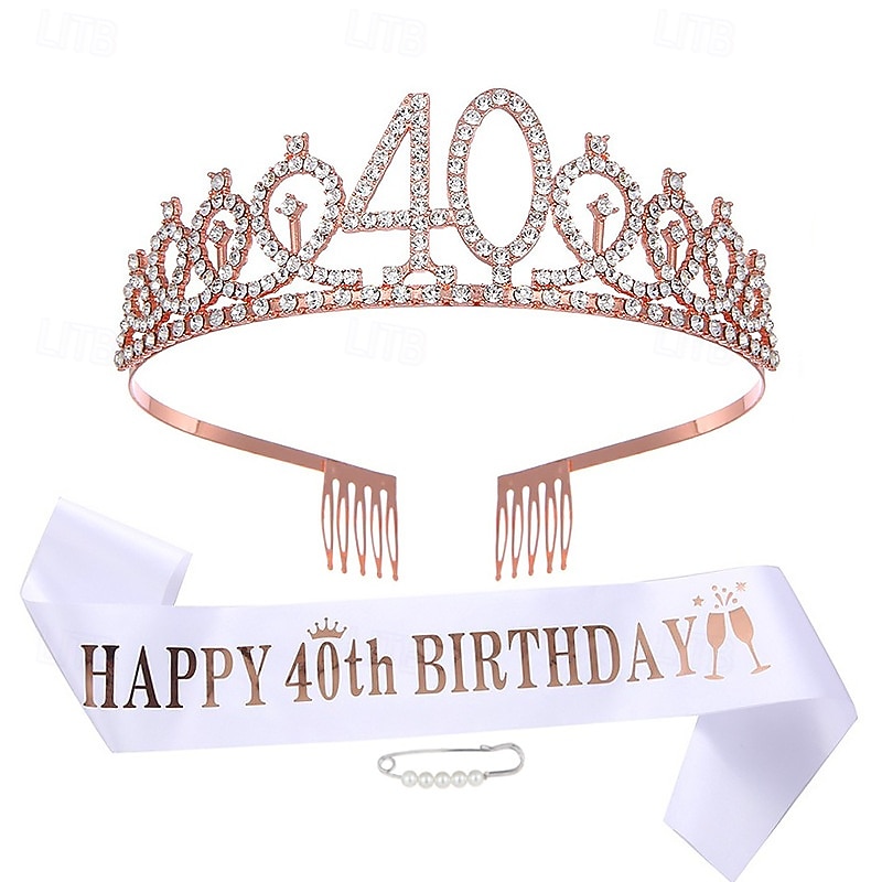 Birthday Party Decoration 3-Pc Set Crown, White Sash & Pearl Pin for Girls and Women Ages 10 to 70 Happy Birthday