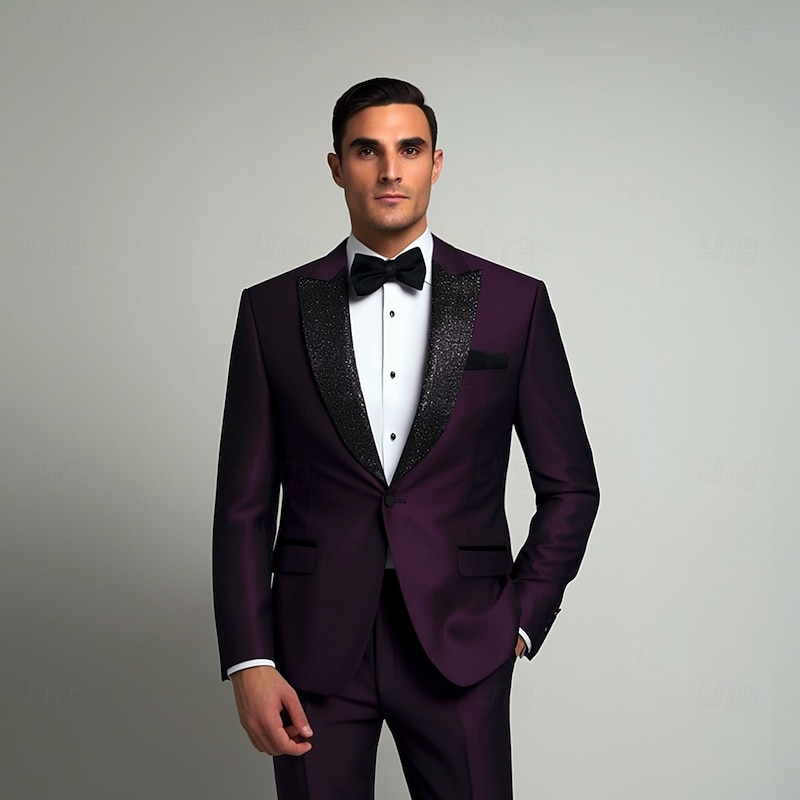 Men's Business Prom Party Suits Peaked Lapel Purple Fashion Dress Solid Colored Standard Fit 2 Piece Single Breasted One-button2