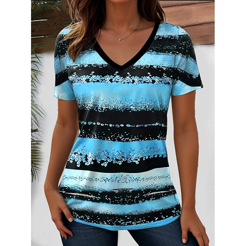 Women's T Shirt Ocean Striped Casual Short Sleeve V Neck Regular Tops Daily Going out Weekend Print Yellow Pink Blue Purple Orange Summer