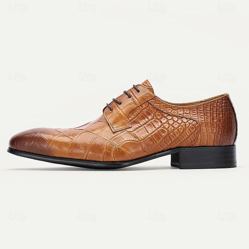 Men's Brown Genuine Leather Oxford Shoes – Handmade Crocodile Pattern Lace-Up Dress Shoes for Kentucky Derby & Formal Events4