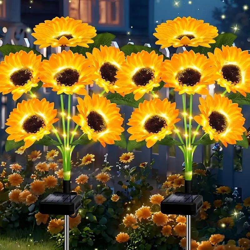 2Pcs LED Solar Outdoor Lights 6 Heads Sunflower Garden Lights Patio Lights Fairy Lights for Mattress Pillow Home Villa Yard Park Walkway Landscape Decoration