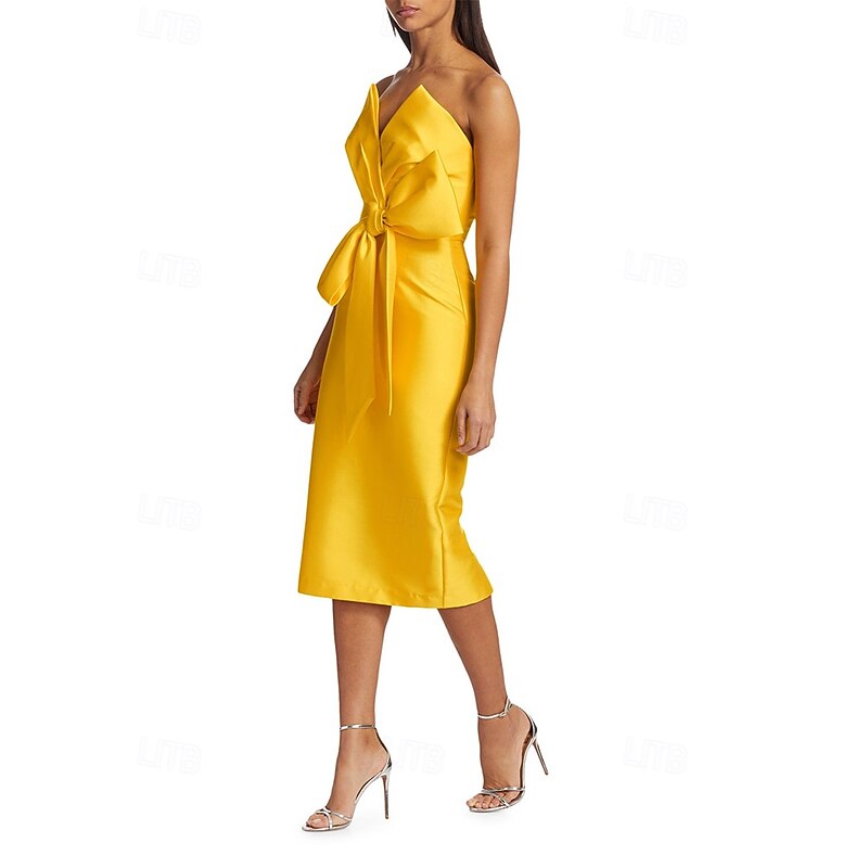 Sheath / Column Cocktail Dresses Wedding Guest Dress Formal Wedding Tea Length Sleeveless V NeckDress Satin with Bow(s)3