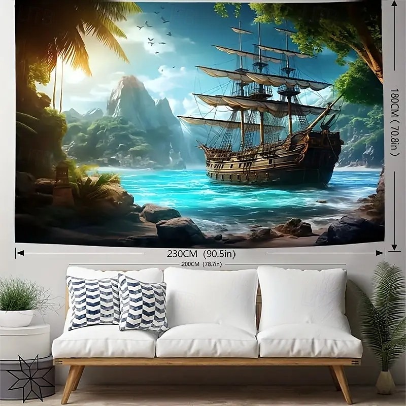 Landscape Ocean Pirate Boat Hanging Tapestry Wall Art Large Tapestry Mural Decor Photograph Backdrop Blanket Curtain Home Bedroom Living Room Decoration3