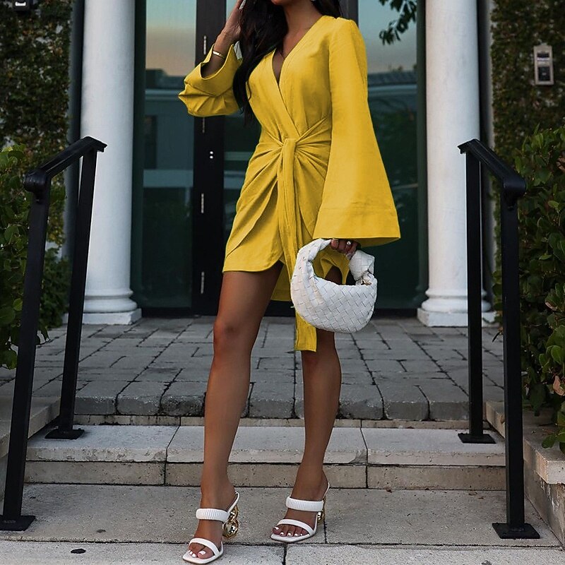 Women's Mini Dress Cotton Linen Dresses Cotton Linen Dress Fashion Modern Outdoor Going out Weekend Regular Fit Plain Long Sleeve V Neck Yellow Green Rose Red Summer4