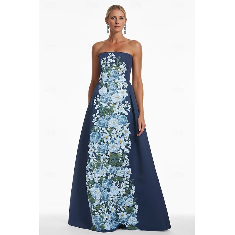 Floral A-Line Evening Gown Elegant Dress Formal Wedding Floor Length Sleeveless Strapless Satin Wedding Guest Dress