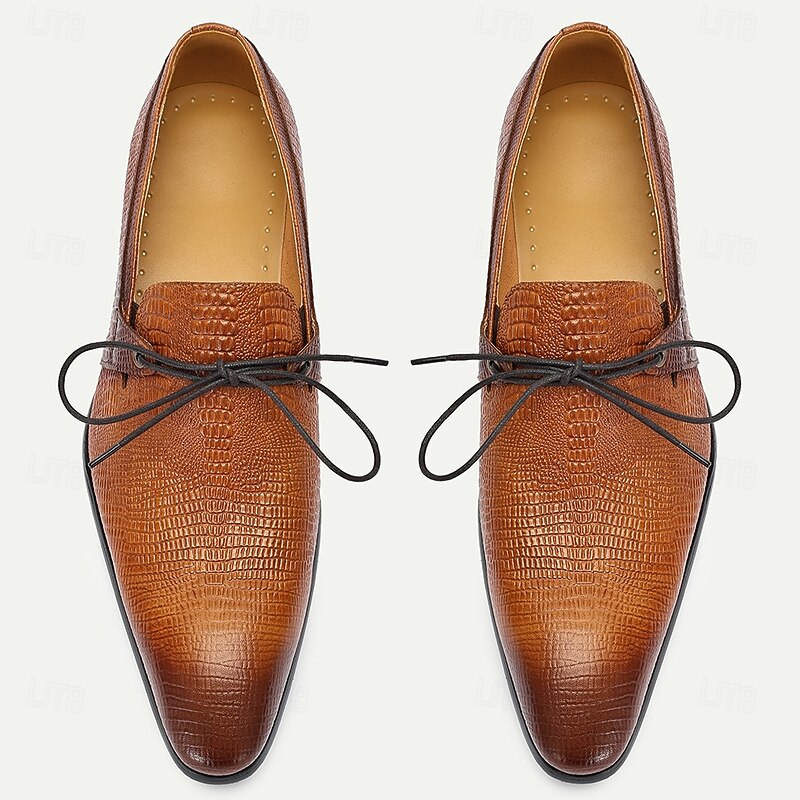 Men's Tan Genuine Leather Oxford Shoes – Vintage Crocodile Pattern Lace-Up Dress Shoes for Kentucky Derby & Special Occasions4