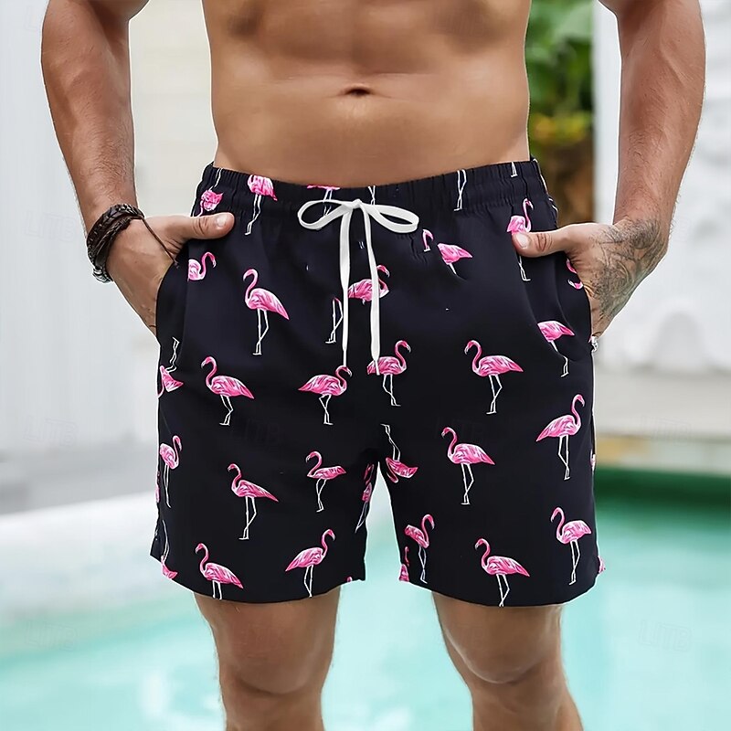 Men's Flamingo Bird Lined Shorts Swim Shorts Board Shorts Mid Waist Hawaiian Vacation Holiday Beach Wear Side Pockets With Compression Liner Elastic Drawstring Waist Designer Clothing Apparel3