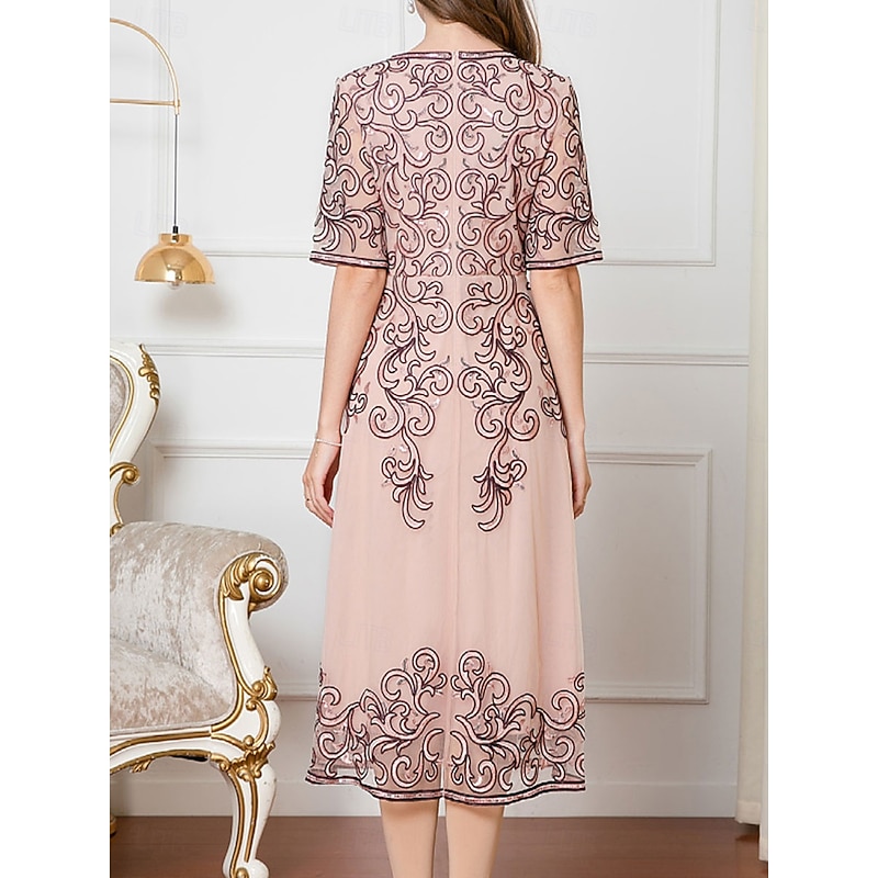 Dress Mother of the Bride Dress Wedding Guest Elegant Chinese Style V Neck Knee Length Polyester Cotton Blend Half Sleeve with Embroidery4