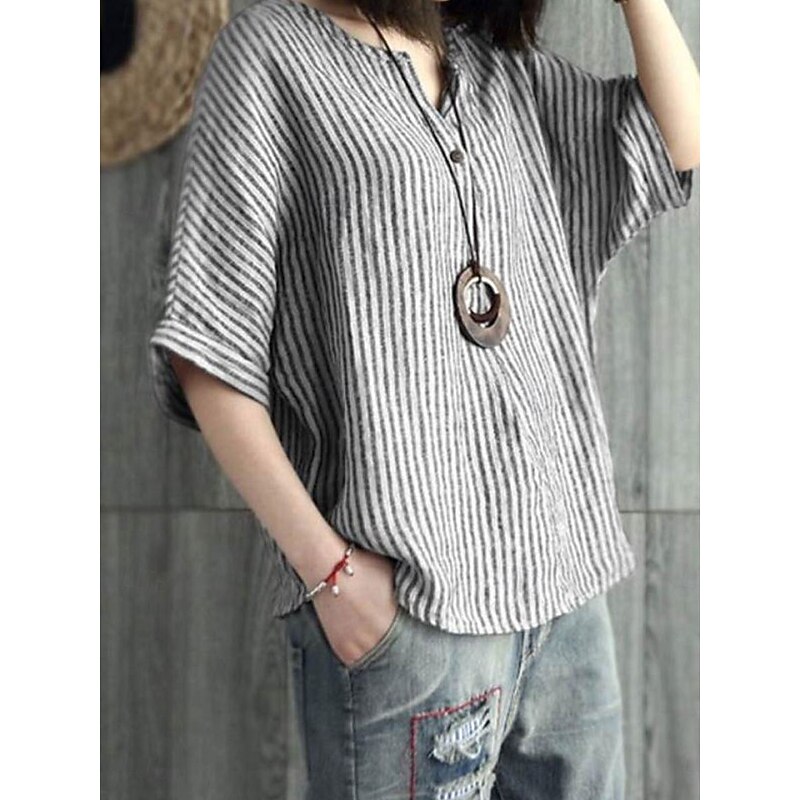 Women's Cotton Linen Blouse Graphic Elegant Vintage Stylish Short Sleeve V Neck Regular Tops Daily Holiday Buttons Blue Gray Summer Spring