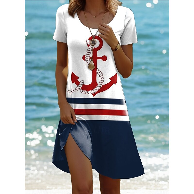 Women's Mini Dress T Shirt Dress Tee Dress Shift Dress Formal Vacation Daily Regular Fit Graphic Stripe Sea Short Sleeve Crewneck Navy Blue Summer Spring