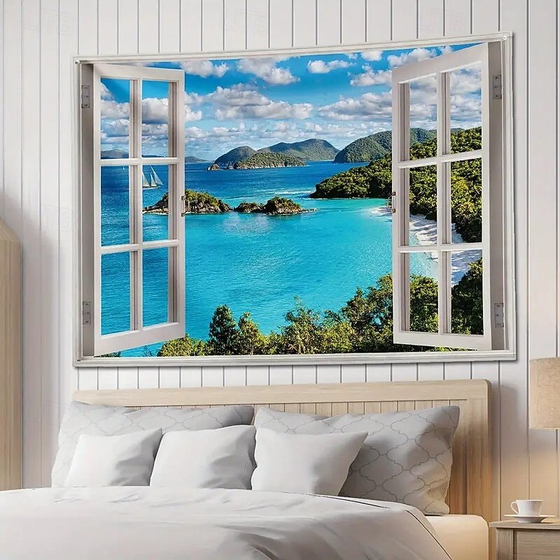 Landscape Ocean Window View Hanging Tapestry Wall Art Large Tapestry Mural Decor Photograph Backdrop Blanket Curtain Home Bedroom Living Room Decoration2