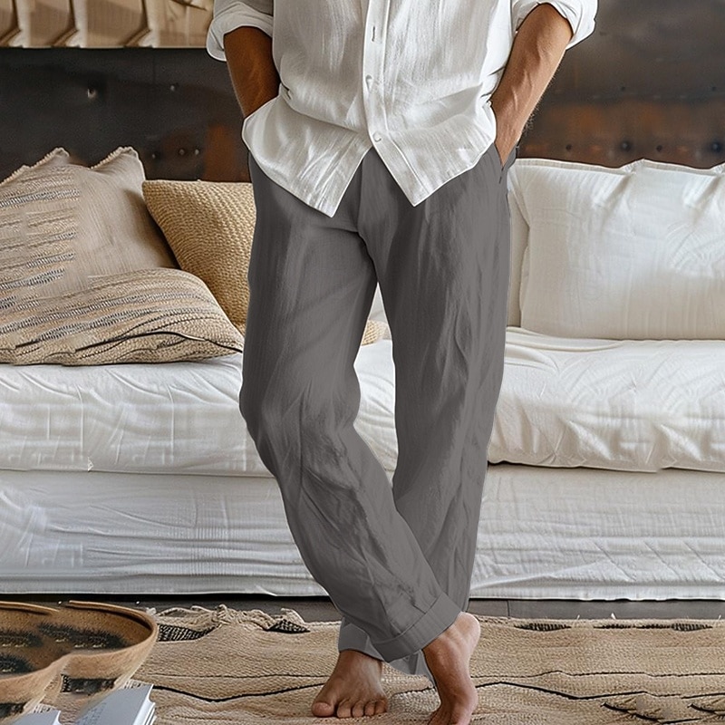 Men's Linen Pants Trousers Summer Pants Beach Pants Elastic Waist Front Pocket Straight Leg Plain Comfort Breathable Full Length Home Yoga Daily Fashion Casual Black White4