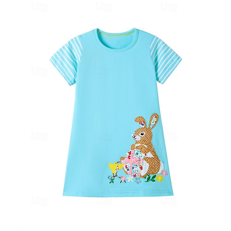 Kids Girls' Dress Rabbit Short Sleeve Outdoor Casual Fashion Adorable 100% Cotton Knee-length Casual Dress A Line Dress Summer 4 years+ Blue2
