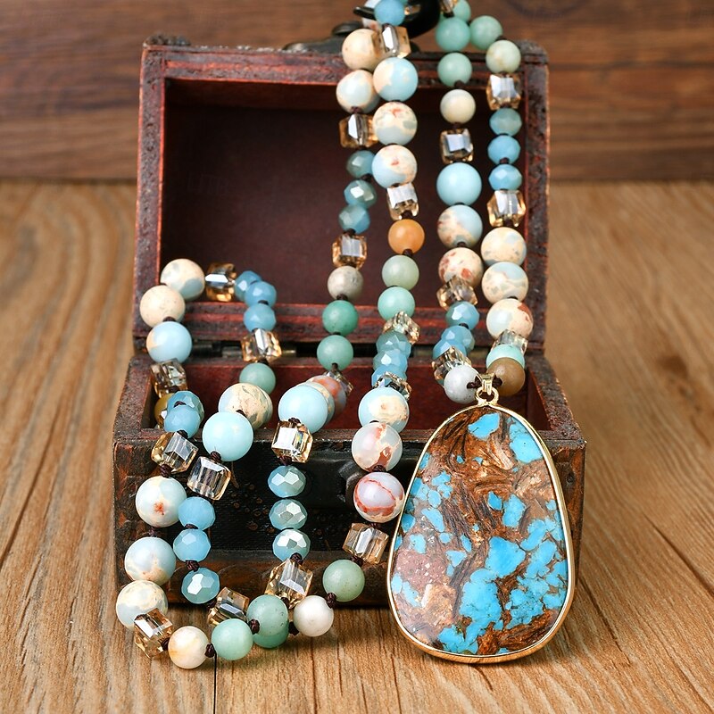 Natural Stone Crystal Glass Knot Necklace - Bohemian Vintage Style Square Imperial Stone Pendant - Women's Sweater Chain4