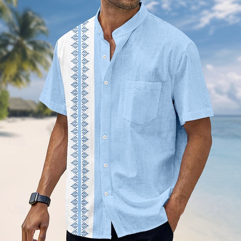 Men's Geometric Shirt Guayabera Shirt Stand Collar Shirt Short Sleeve Fashion Casual Vacation Holiday Beach Wear Summer Spring Mandarin Collar Band Collar Grandad Collar 3D Print Linen Like Shirt2