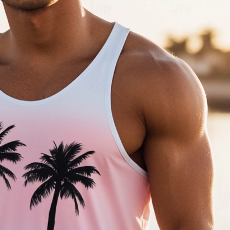 Men's Tank Top Vest Top Undershirt Sleeveless Shirt Sleeveless Crew Neck Summer Coconut Tree Sports Fashion Comfortable Print Casual Beach Gym White Top Tee for Men4