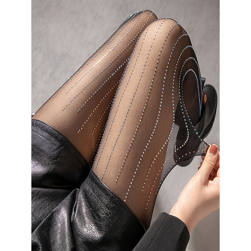 Women's Sheer Striped Rhinestone Tights - Sparkling Crystal Embellished Pantyhose, Sexy Glitter Stockings for Party, Club Wear and Evening Dresses