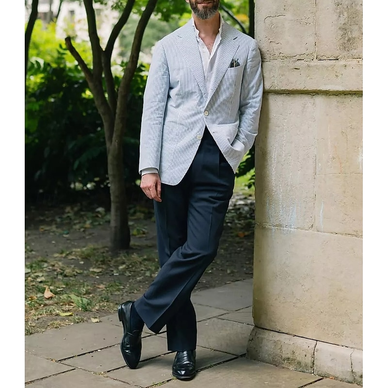 Men's Blazer Jacket Sport Coat Notch Collar Fashion Striped Blazer Sky Blue Standard Fit3