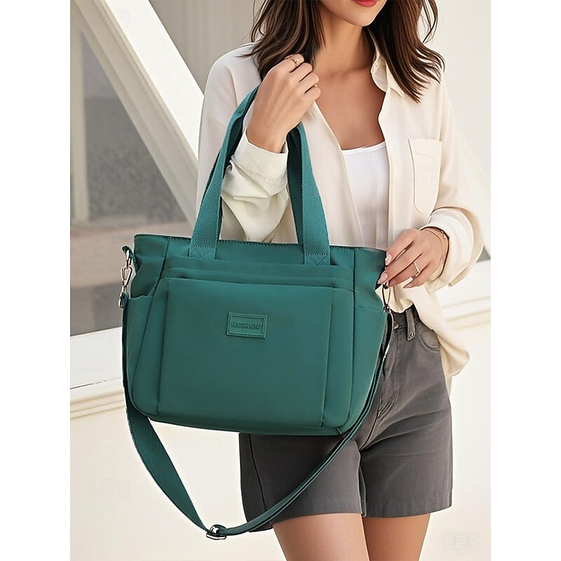 Women's Large Capacity Tote Bag – Waterproof Nylon Handbag with Multiple Pockets, Zipper Closure, and Shoulder Strap for Travel, Work and Daily Use