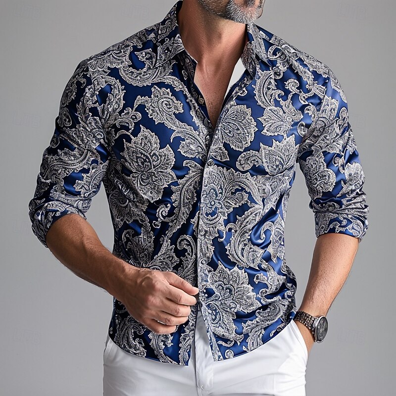 Men's Shirt Satin Shirt Summer Shirt Casual Shirt Button Up Shirt Wine Blue Green Long Sleeve Floral Paisley Collar Vacation Casual Clothing Apparel Elegant Fashion Casual