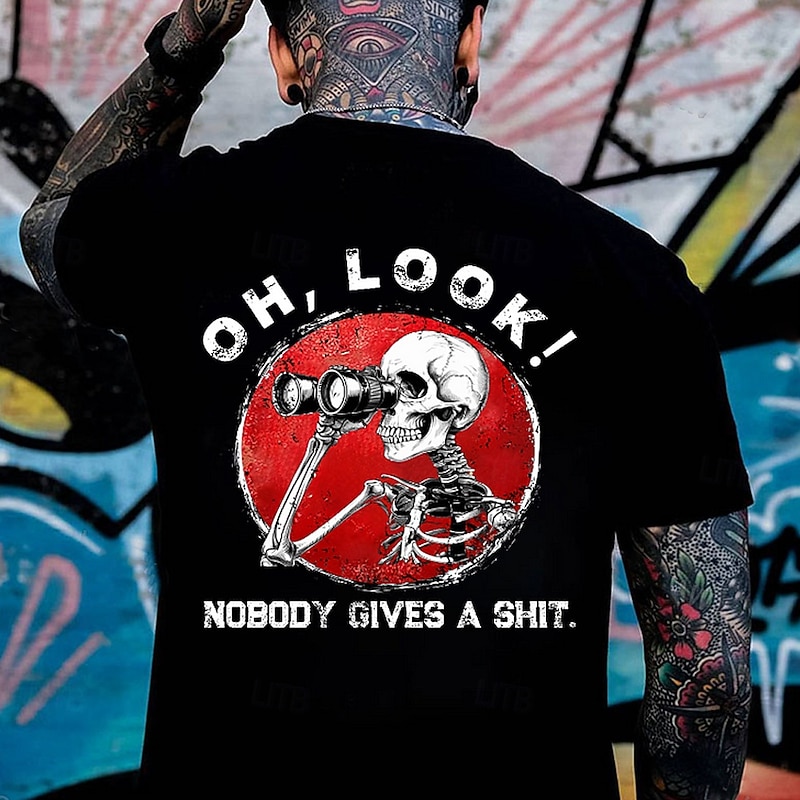 Mens Graphic T-Shirt featuring 'OH, LOOK! NOBODY GIVES A SHIT' Skeleton & Binoculars Design for Sarcastic Humor