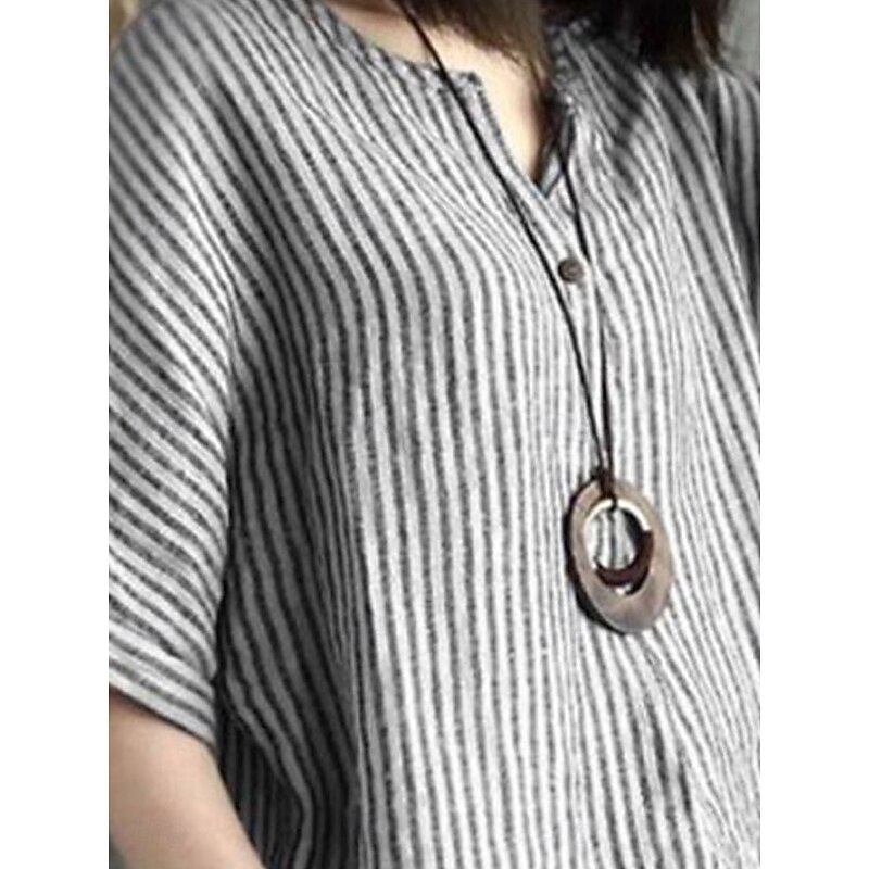 Women's Cotton Linen Blouse Graphic Elegant Vintage Stylish Short Sleeve V Neck Regular Tops Daily Holiday Buttons Blue Gray Summer Spring3